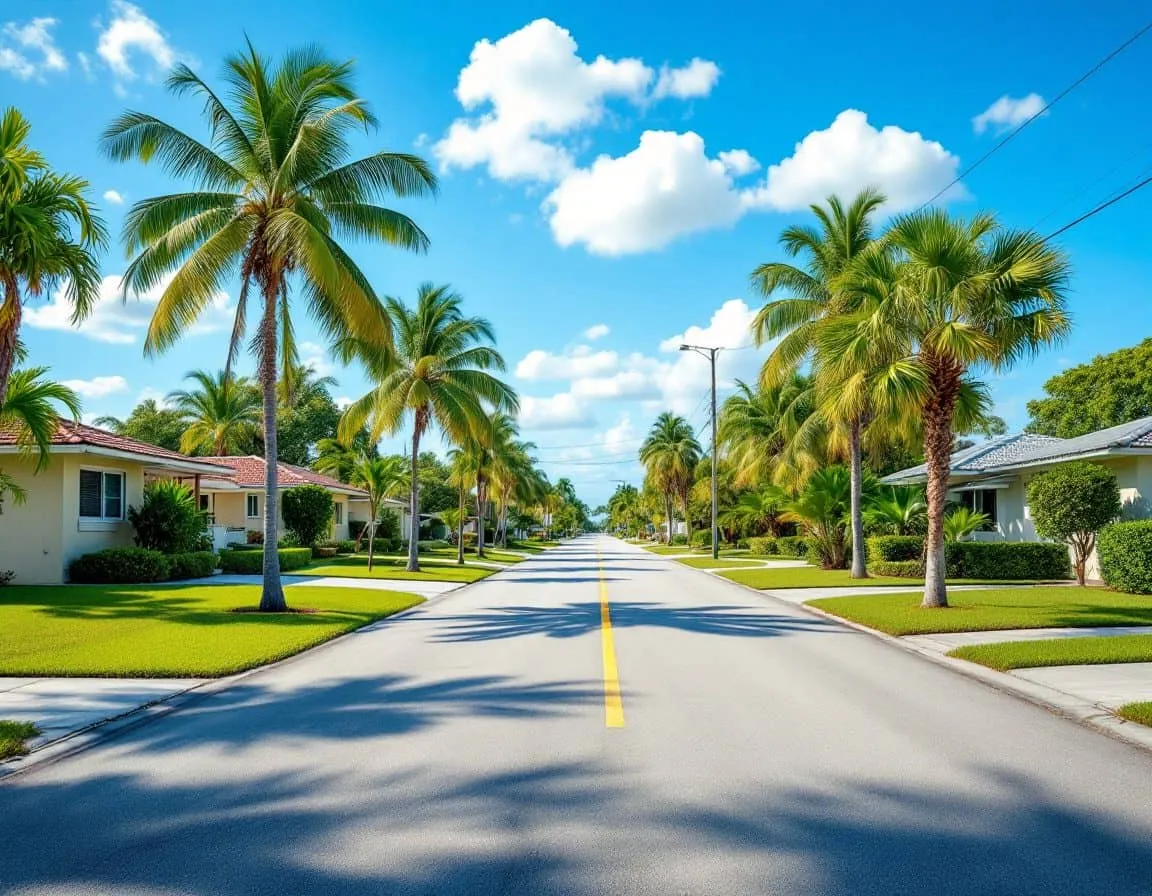A quiet South Florida residential street lined with single-story homes and palm trees in daylight