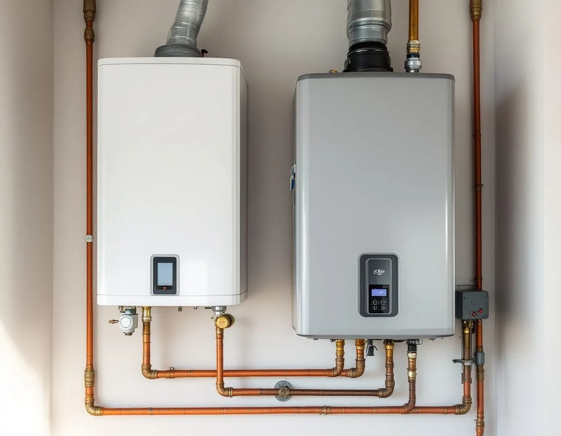 A new water heater tank installed with copper supply lines and a drain pan in a garage utility space