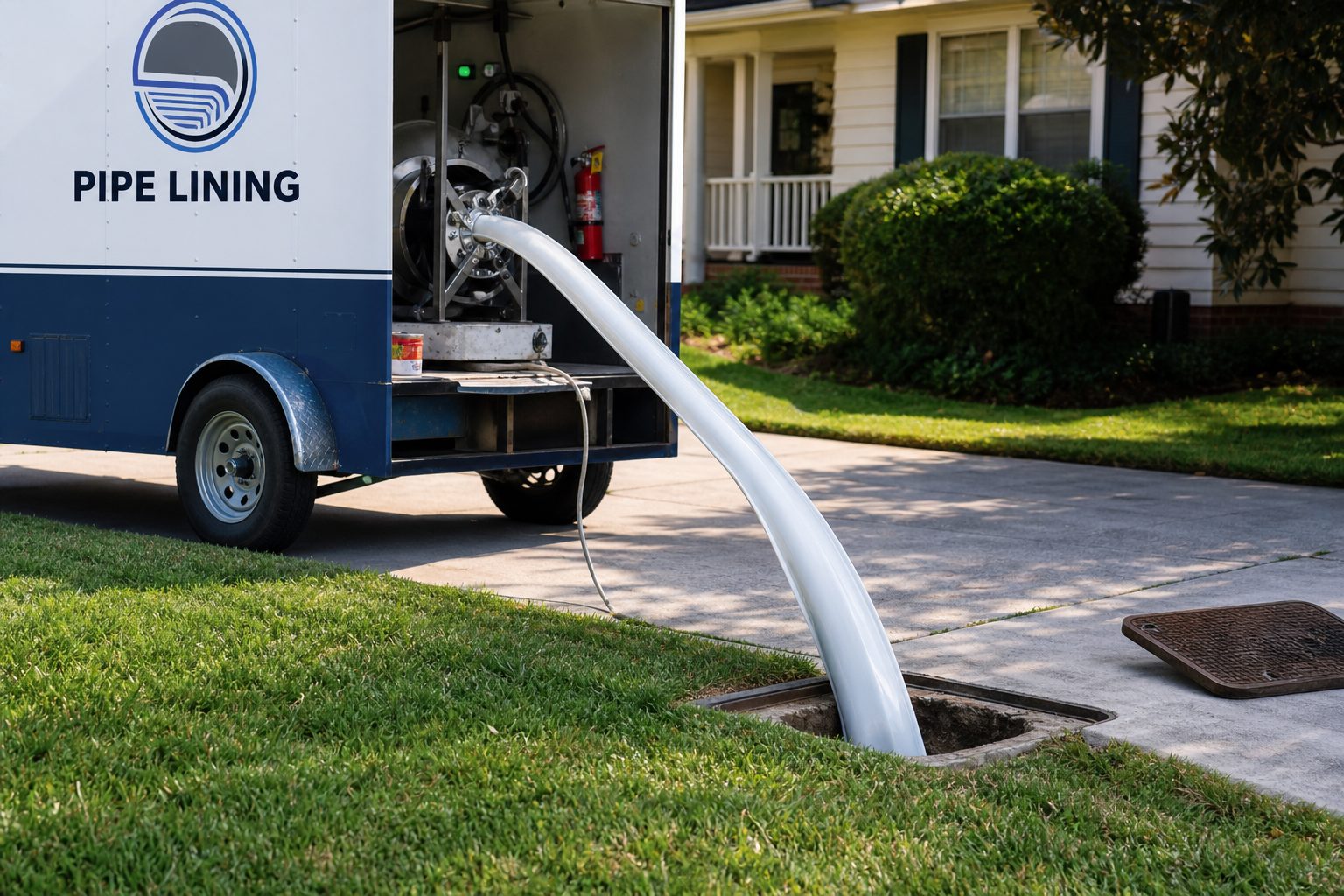 Cured-in-place liner being pulled through a residential sewer access pit