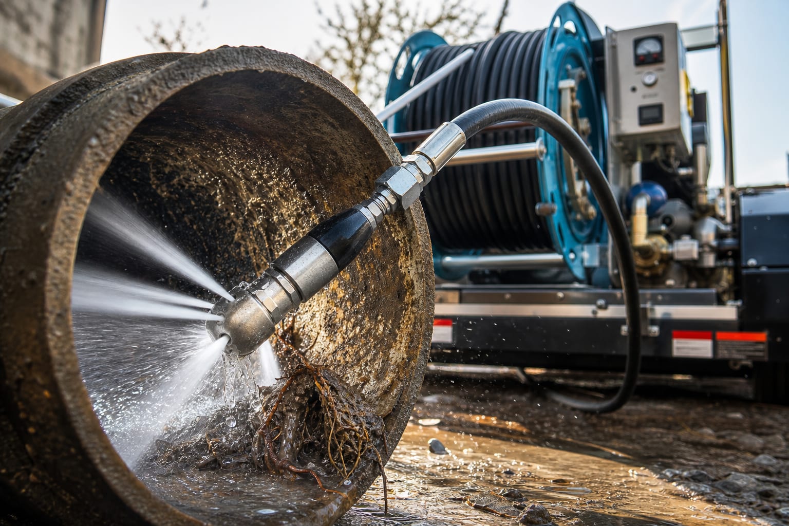 High-pressure hydro jetting hose clearing buildup inside a residential drain line
