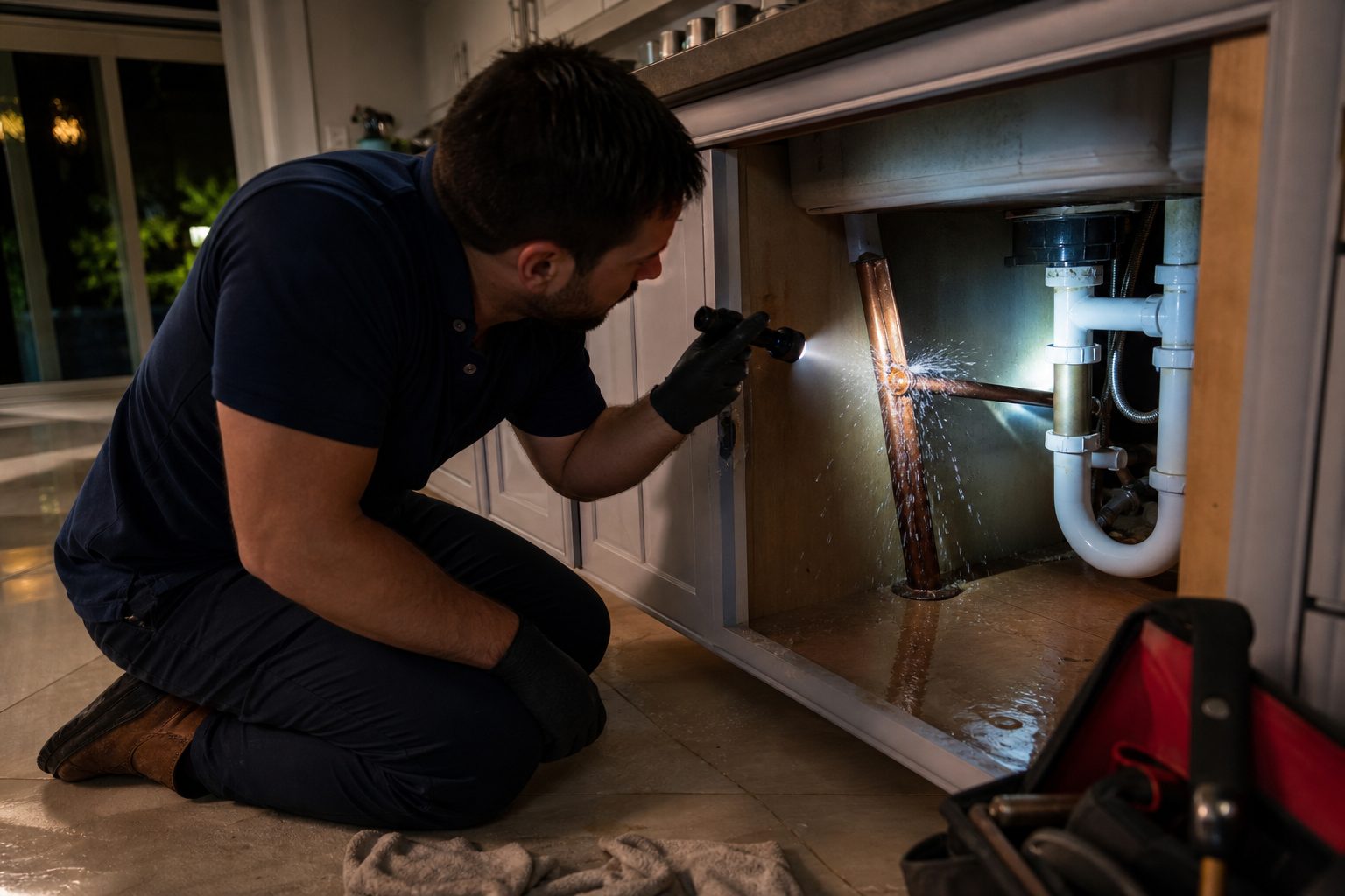 Homeowner checking a plumbing shutoff valve during a South Florida repair