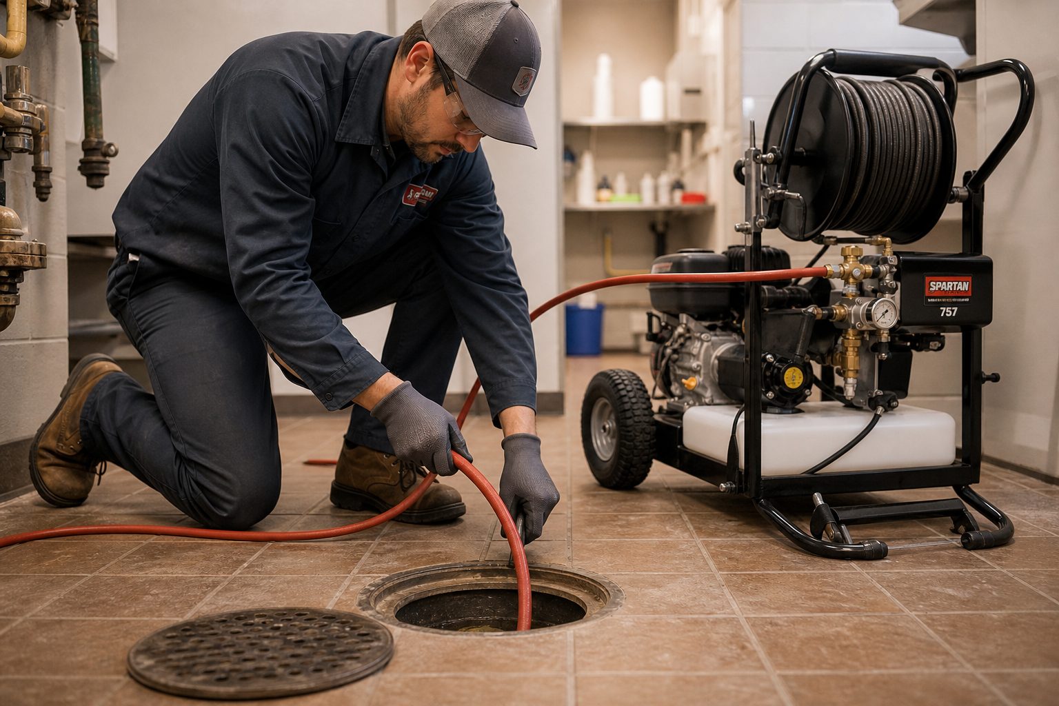 Technician jetting a stubborn kitchen drain line back to full flow
