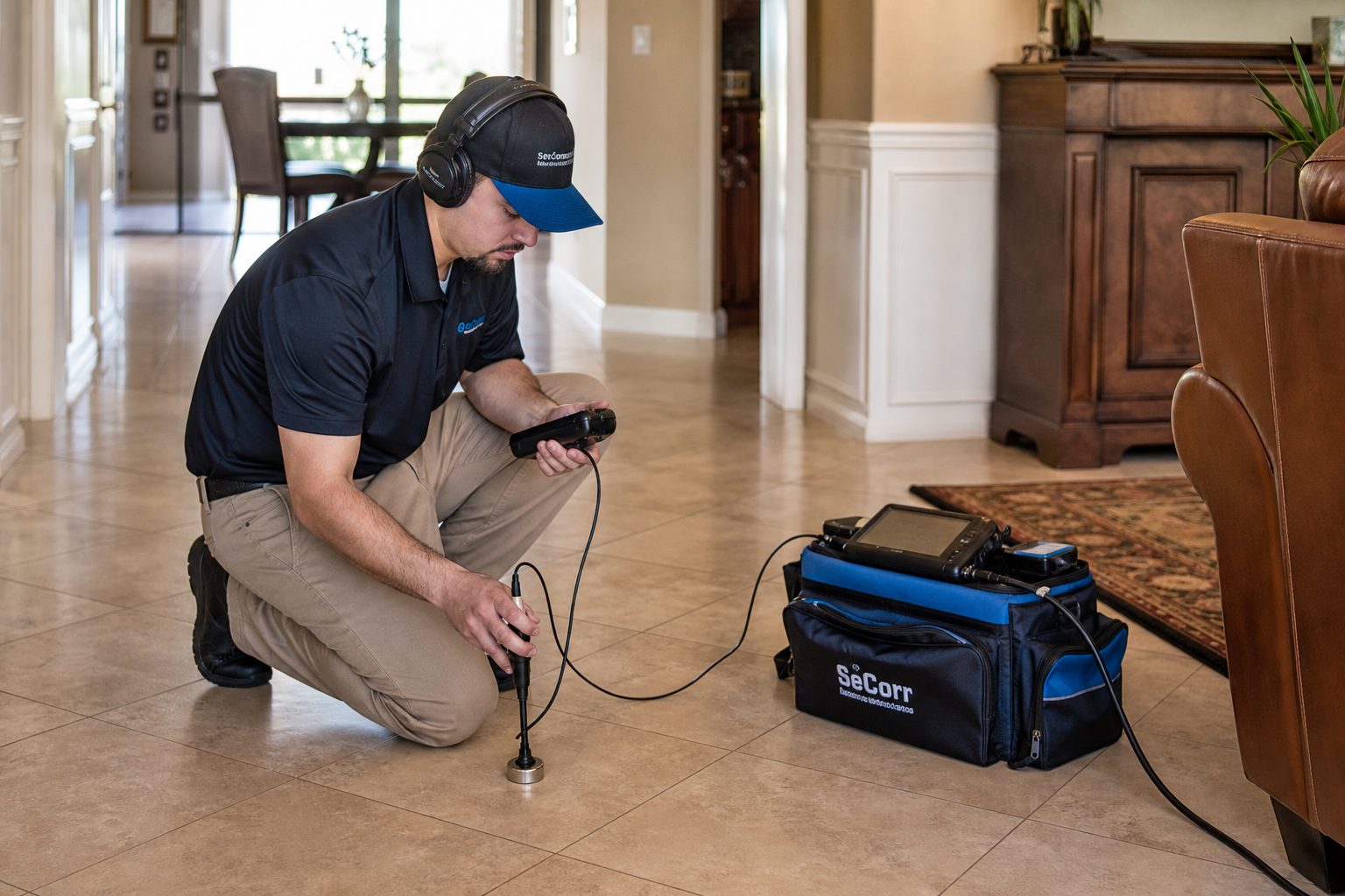 Technician using acoustic leak detection equipment on a Hollywood home's tile floor