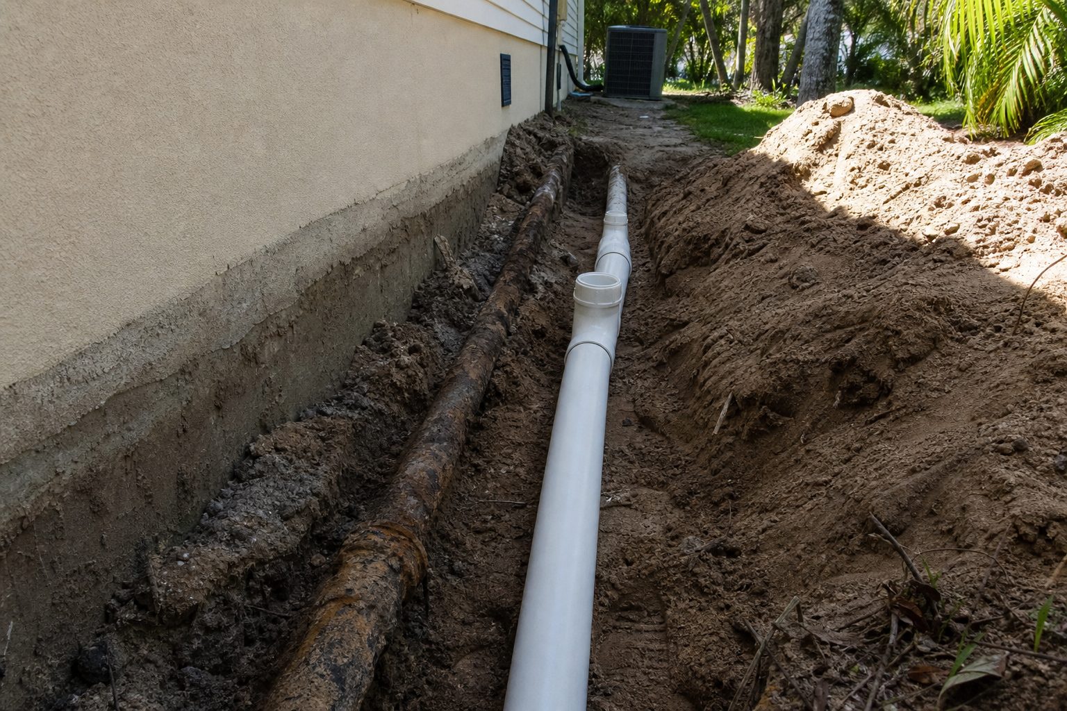 Corroded cast iron drain line exposed during replacement