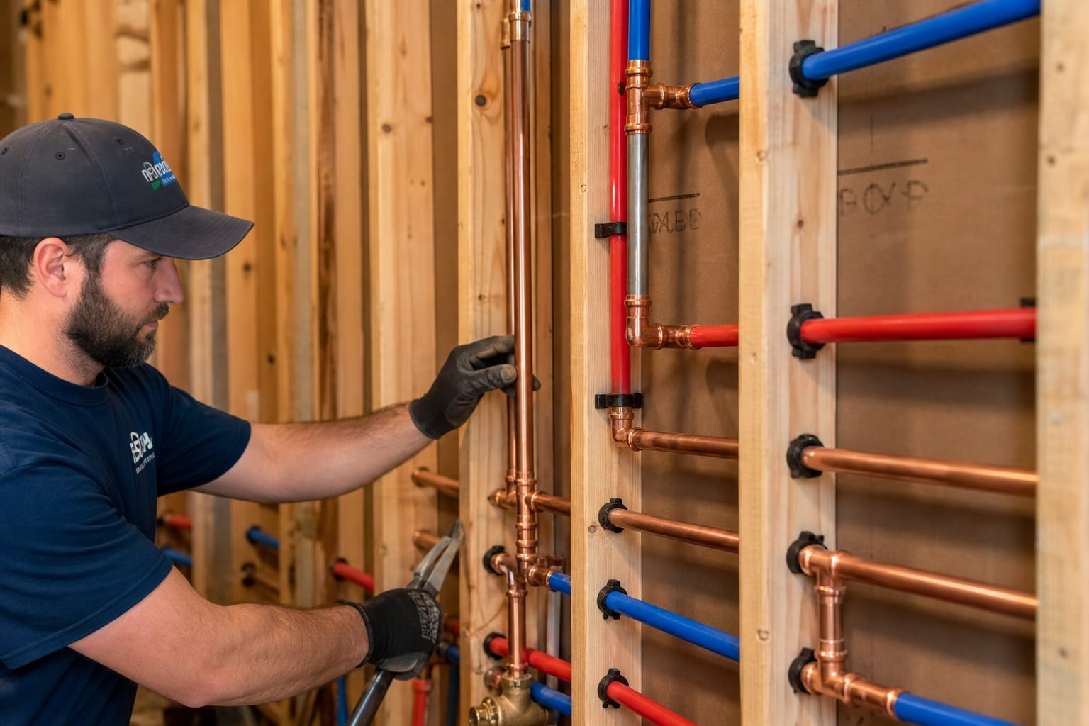 Newly installed copper and PEX supply lines from a completed whole-home repipe